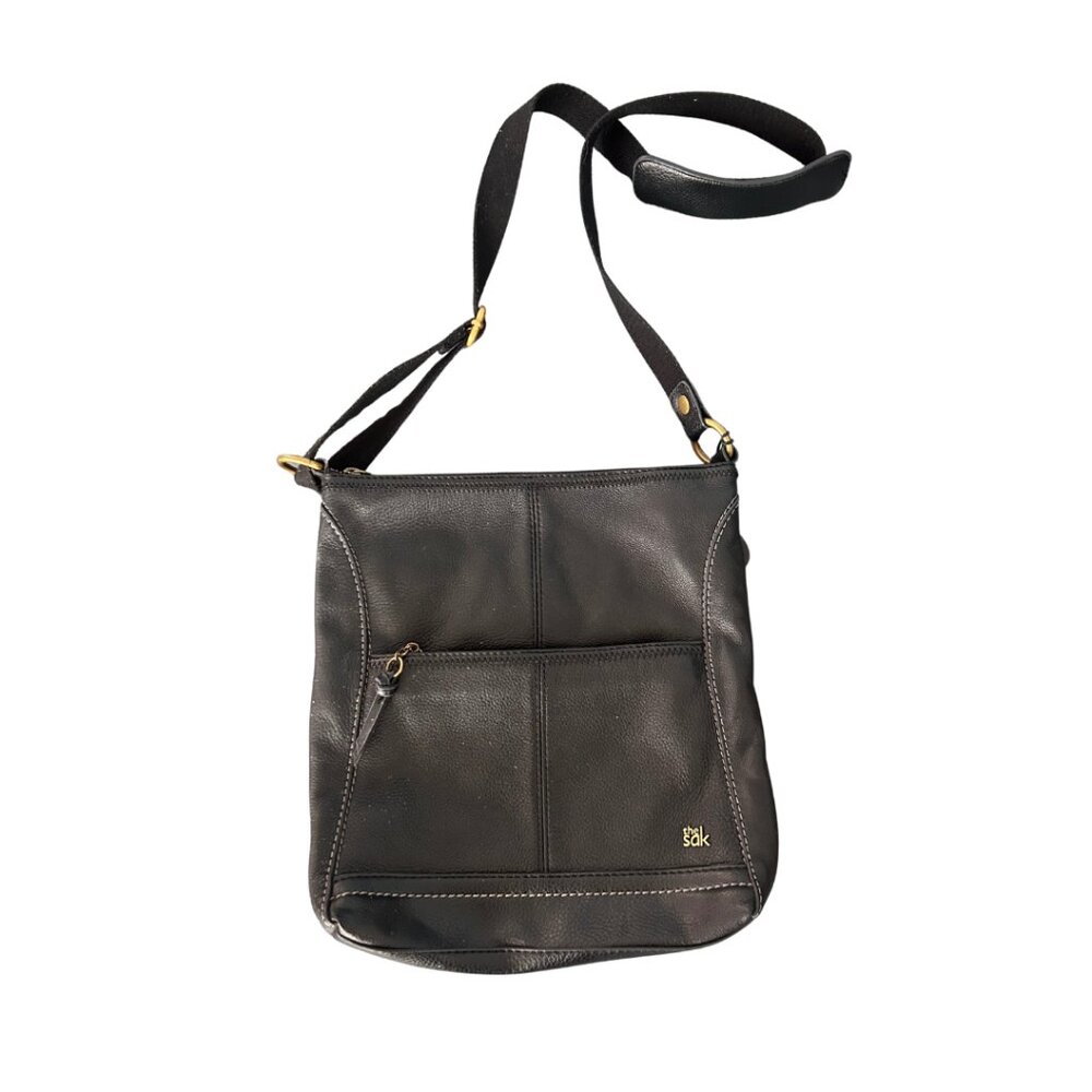 The Sak Iris Crossbody Bag Black Leather Pebbled Adjustable Strap Zippers Lined